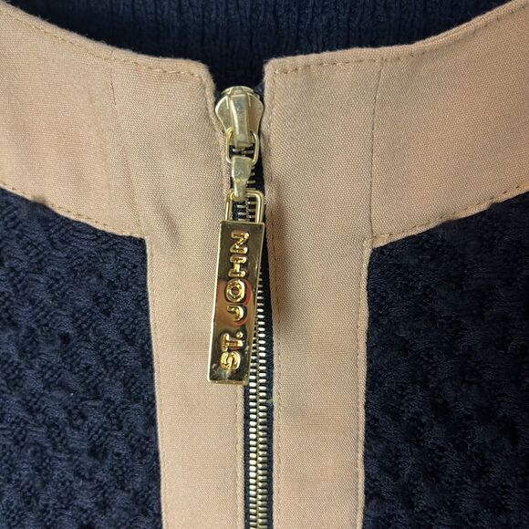 St John Sport Jacket Womens 6 Black Tan Wool Blend Textured Knit Zip Up Pockets - Picture 2 of 8